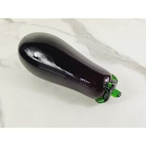 Art Glass Hand Blow Eggplant w/ Green Leaf Vegetable 6" Home Decor 90s Vtg